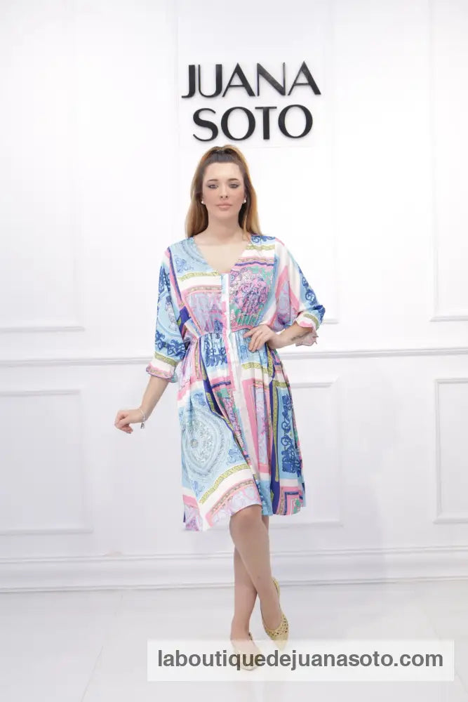 Vestido 6101 (corto bajo plisado) ROSA/CELESTE / S/M