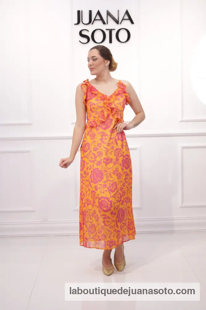 Vestido 6205 FLORES NARANJA/ROSA FUCSIA