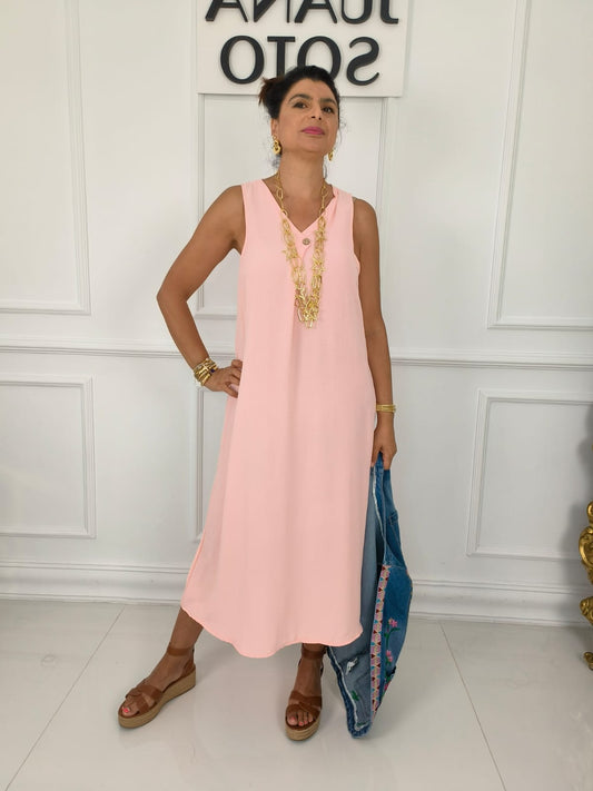 Vestido largo sin mangas boton X541