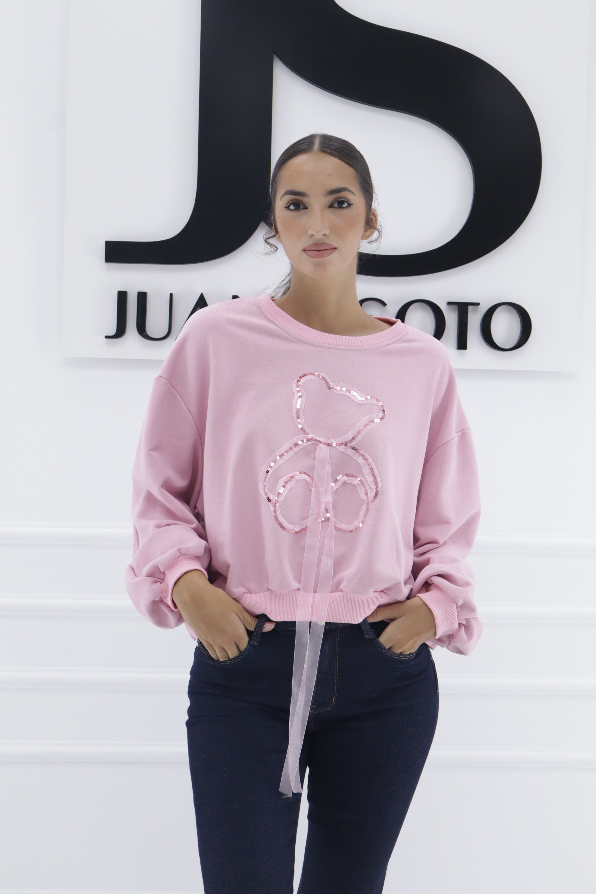 Sudadera oso lentejuelas y lazo 8025058
