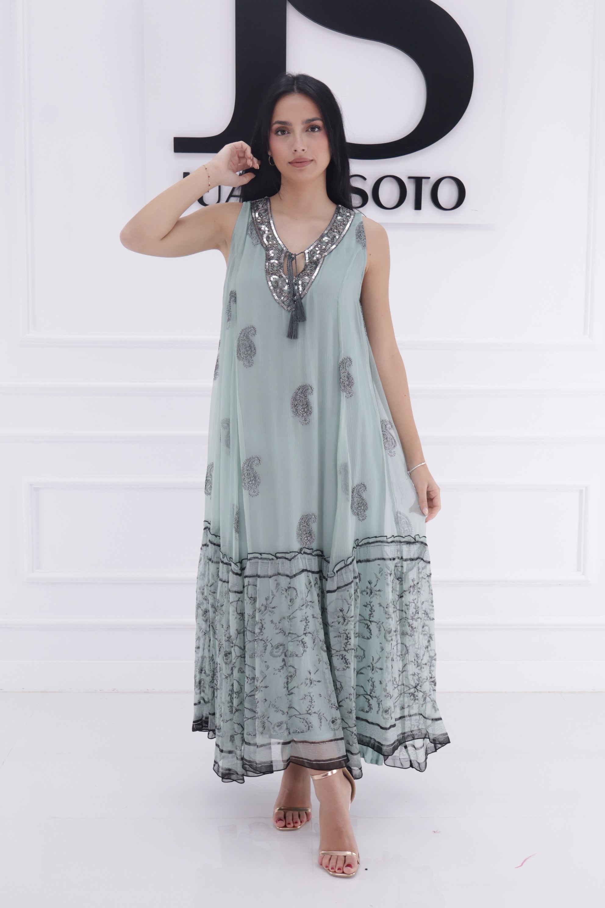 Vestido turquesa/plomo 14007 sin mangas