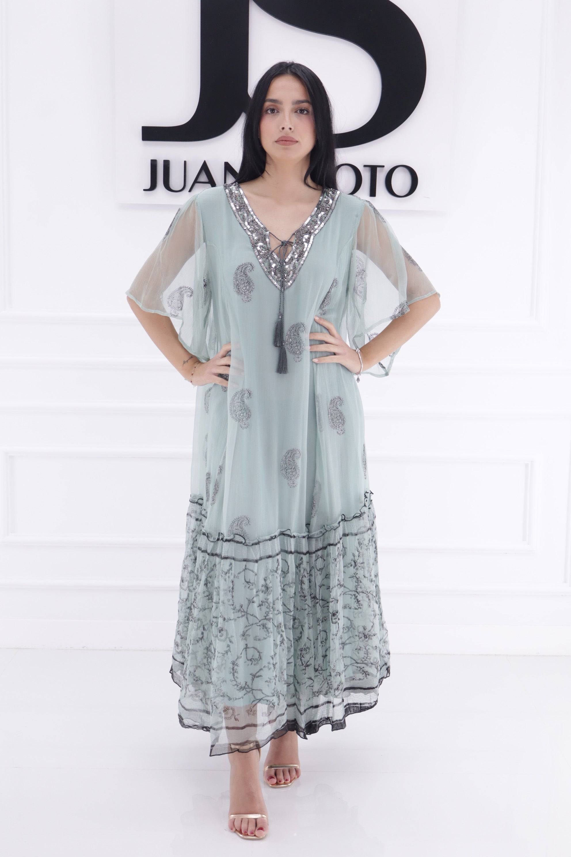 Vestido turquesa/plomo 14007A con mangas