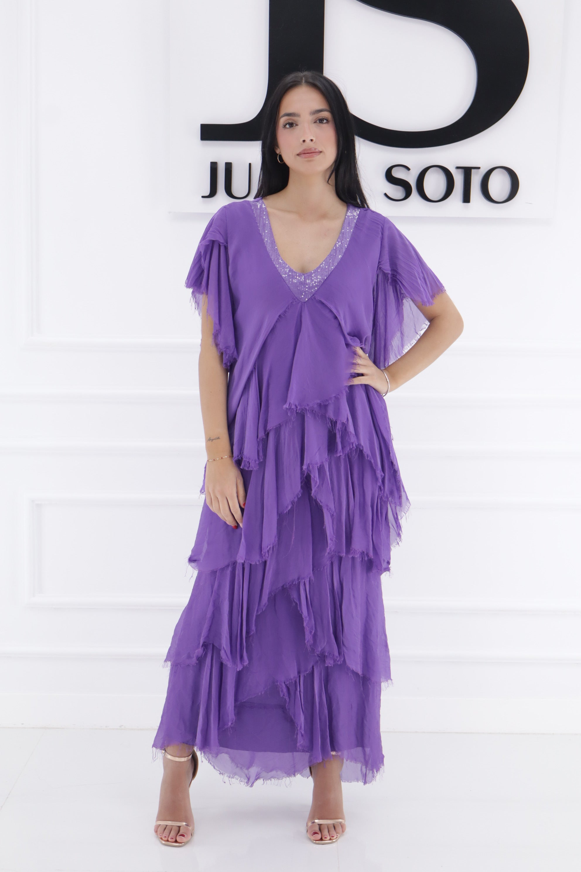 Vestido volante cuello brillo 65714