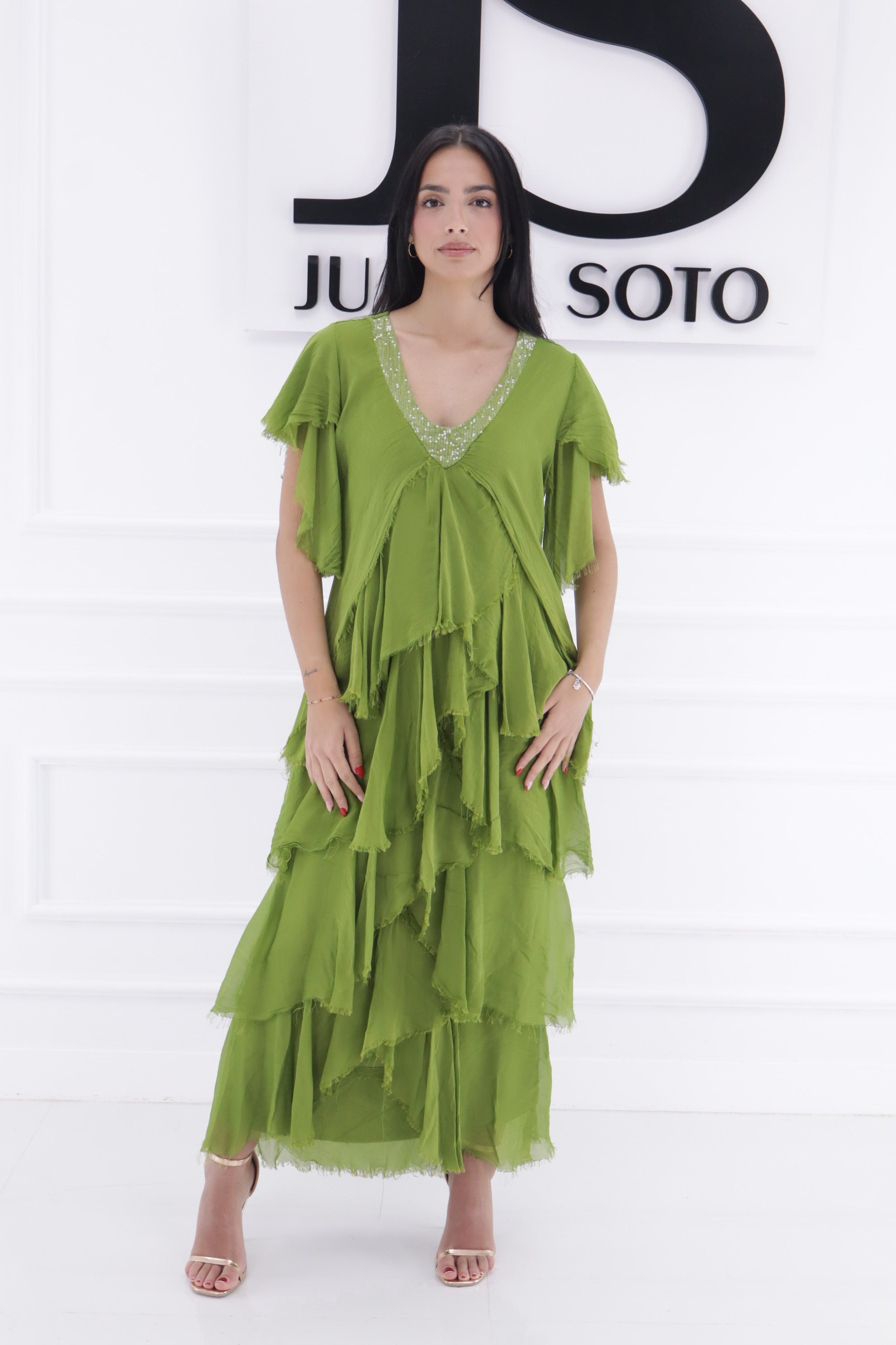 Vestido volante cuello brillo 65714