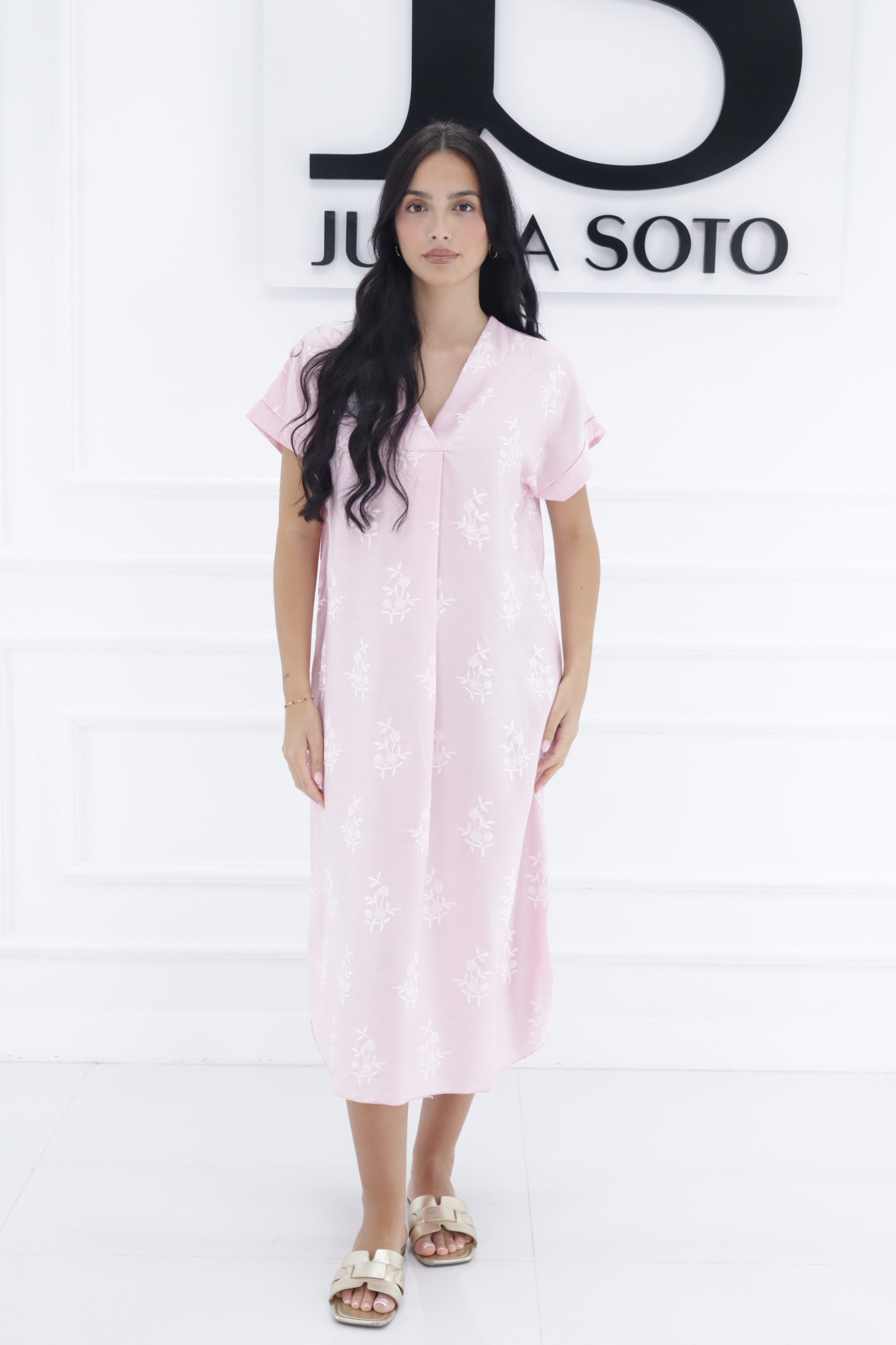 Vestido lino flores bordadas YE78