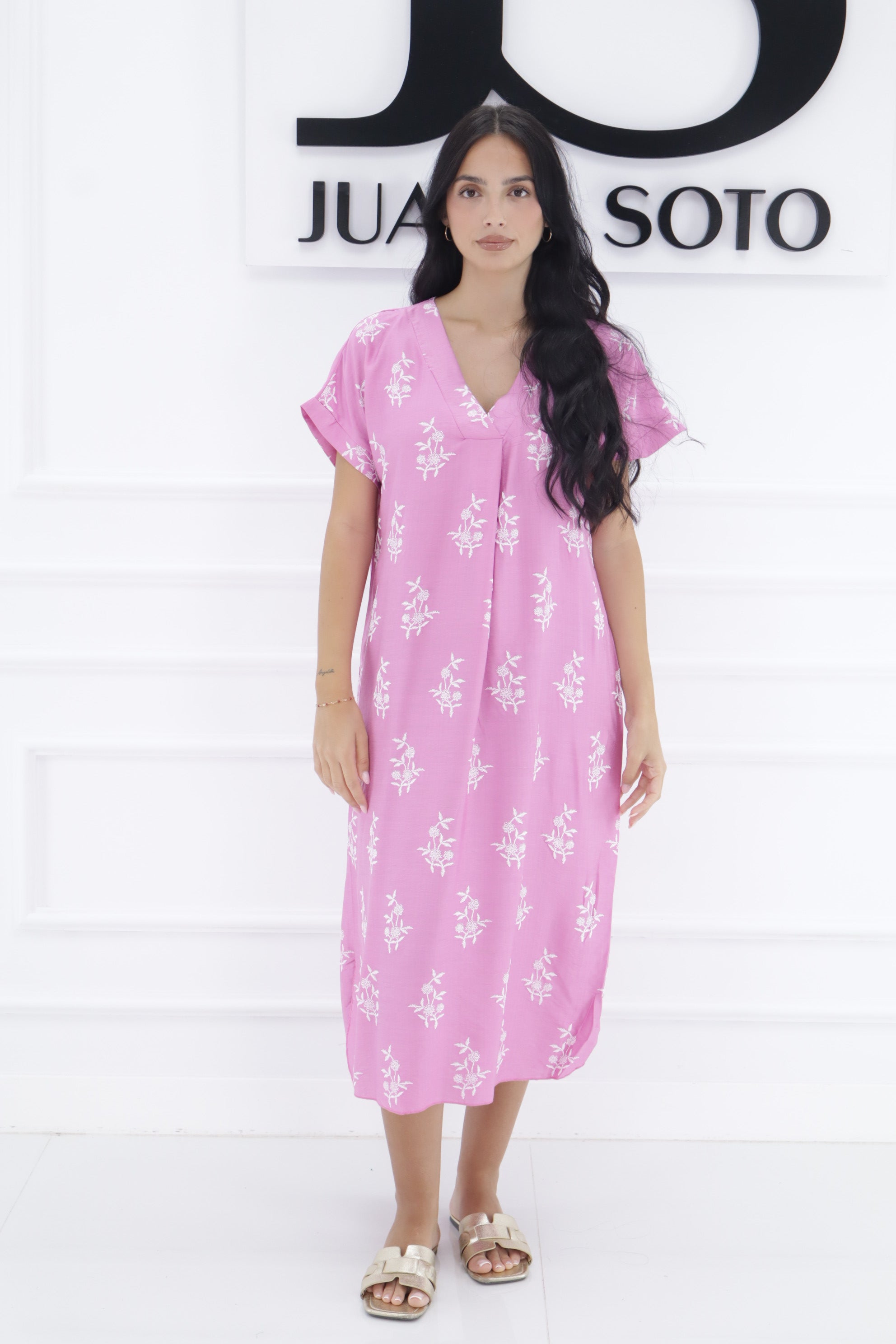 Vestido lino flores bordadas YE78