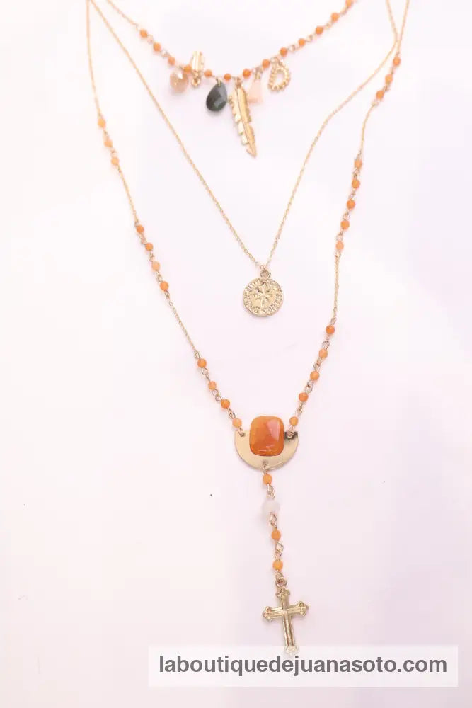 Collar fino 3 vueltas abalorios 000312 NARANJA