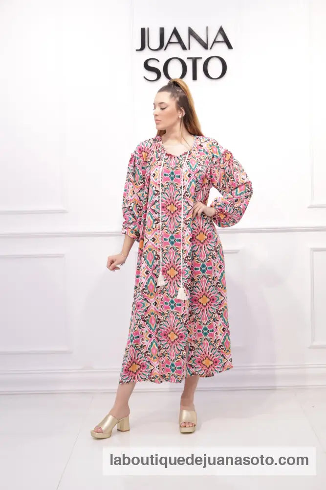 Vestido largo 6203 (estampado geométrico) FUCSIA/TURQUESA